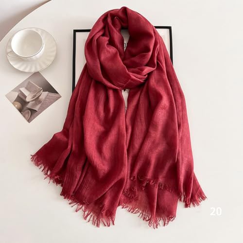Solid color cotton and linen scarf, wrinkled all season versatile long sunscreen fashionable shawl - color: Light Jujube Red
