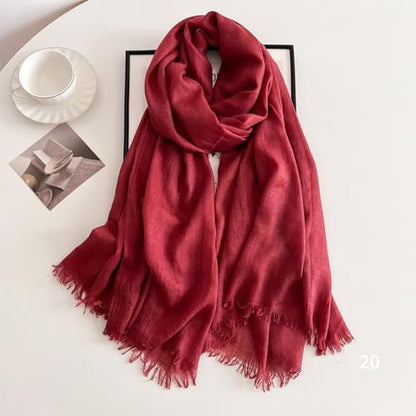 Solid color cotton and linen scarf, wrinkled all season versatile long sunscreen fashionable shawl - color: Light Jujube Red