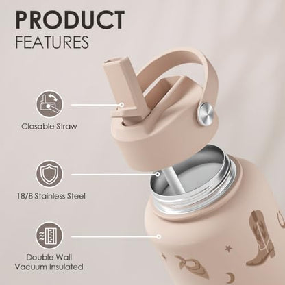 Western Cowgirl Water Bottle 32oz Stainless Steel with Lid, Insulated Bottles for Women Girls, Gift Idea for Birthday Christmas - color: Cowgirl
