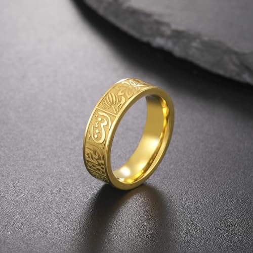 TEAMER Engraved Muslim Allah Islam Ring Stainless Steel Arabic Letter Lotus Flower Religious Band Ring For Men Women - color: Gold