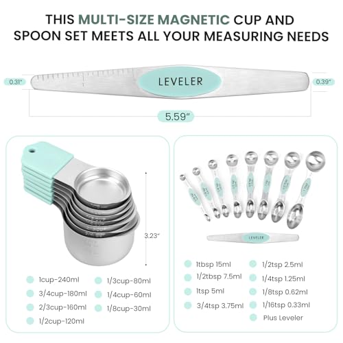 Magnetic Measuring Cups and Spoons Set-Heavy Duty 304 Stainless Steel | Double Measurement Markings,BPA-Free,Set of 16 with Leveler for Measuring Dry and Liquid Ingredients(Mint) - color: Mint