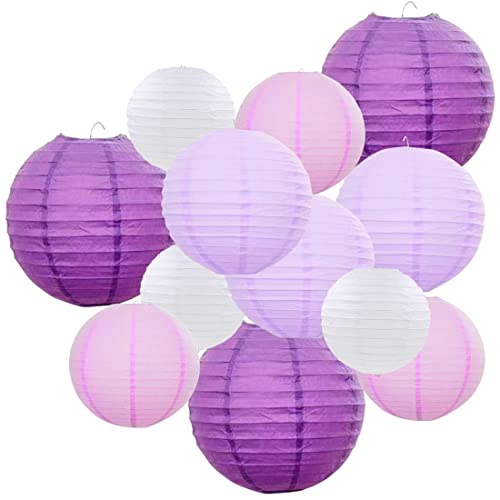 Purple Paper Lanterns 12 Pcs Assorted Size of 6" 8" 10" 12" Chinese Round Paper Hanging Decorations Ball Lanterns Lamps for Home Decorations, Parties, and Weddings - color: Purple