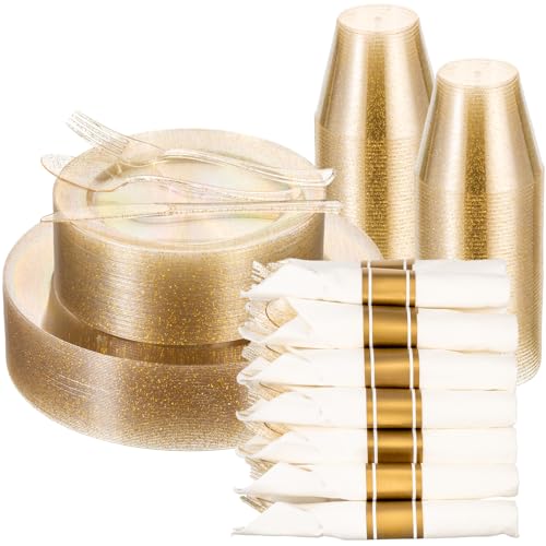 realluck 350 Piece Gold Glitter Plastic Dinnerware Set for 50 Guests, Disposable Plates for Party, Include: 50 Dinner Plates, 50 Dessert Plates, 50 Rolled Napkins with Silverware, 50 Cups - color: Glitter Gold, size: 50 Guests