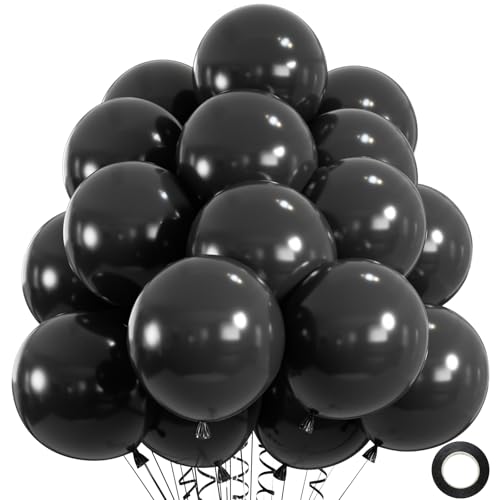 50pcs Black Balloons, 12inch Helium Quality Black Latex Balloons for Birthday Wedding Graduation Halloween Party Decorations (With Ribbon & Glue) - color: Black