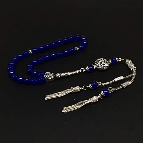 Design - Long & Stylist Tassels Worry Beads - Prayer Beads (8 mm-33 Beads) Tesbih-Tasbih-Tasbeeh-Misbaha-Subha-Sebha-Sibha-Rosary (Blue Agate Natural Stone) - color: Blue Agate Natural Stone