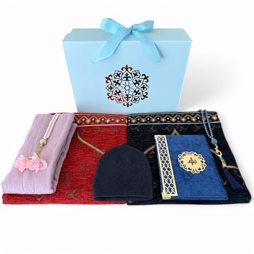 SAIKA 7 Pieces Prayer Rug Set, Prayer Rug Set for Couples & Families, Prayer Beads, Scarf, Muslim Hat, Prayer mats & Short Surahs Book, Islamic Gift, Janmaz, Salah mat, Rmadan Gift (Blue Box Set) - color: Blue Box Set