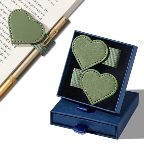 2Pcs Magnetic Leather Bookmarks with Gift Box Heart-Shaped Magnetic Pen Holder Book Marks Clip Gift for Book Lover Readers Cute Bookmark for Women, Green - color: Green
