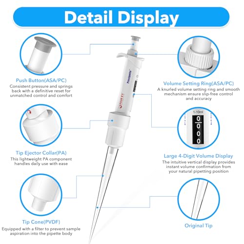 FOUR E'S SCIENTIFIC 1-10mL Pipette Pro, Single-Channel Pipettor | Variable Volume Micropipette, Test Certificate Included, 4-Digit Volume Display, Model LH0301009 - size: 09 (1-10mL)