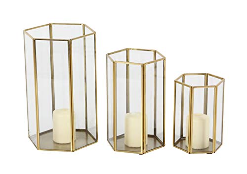 CosmoLiving by Cosmopolitan Glass Decorative Candle Lantern with Metal Plate, Set of 3 6", 8", 10"H, Gold - size: 3 PIECES SMALL SIZE