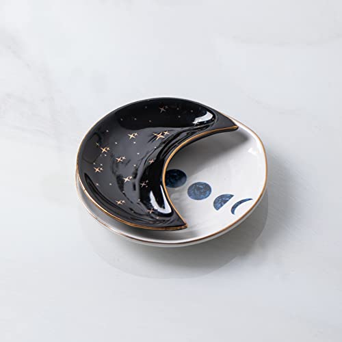Ceramic Moon Jewelry Dish Tray Ring Holder, Small Decorative Trinket Dish for Rings Earrings Necklaces, Present for Wife and Mom, 4.5 Inch