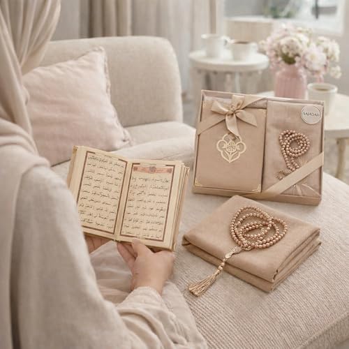 SAJADAH Muslim Prayer Rug Set - 4 in One Islamic Gifts Set, Prayer Mat, Prayer Beads, Hijab, Surahs Book,Eid Gifts - color: Light Brown