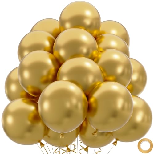50pcs Metallic Gold Balloons, Helium Quality 12inch Chrome Gold Latex Balloons for Balloon Garland Arch As Wedding Graduation Birthday Party Decoration (with Ribbon & Glue) - color: Gold