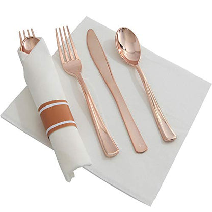 Supernal 30 Pack Pre Rolled Rose Gold Plastic Silverware with Linen Feel Napkin, Heavy Duty Disposable Wrapped Cutlery Set for Bridal Showers, Weddings, Birthdays & 2026 Graduations - color: Rose Gold, size: 30 Pack