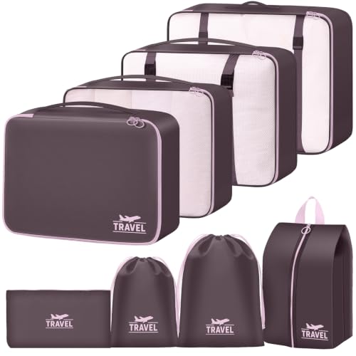 Packing Cubes for Travel - 8 Set Luggage Organizer Bags for Family, Mesh Breathable Packing Cubes for Suitcases Durable Travel Essentials Bags Set (Upgrade-Brown) - color: Upgrade-Brown