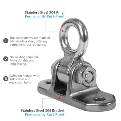 2-Pack Stainless Steel Heavy Duty 180° Swing Hanger Kit - Ceiling Mount with Hook for Porch Swing, Hammock Chair, Yoga Swing, Punching Bag, 1000 LB Capacity, Rust-Resistant Hardware Included - size: 2 holes-2Pack