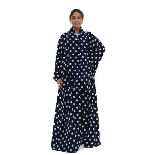 Women Open Front Abaya Dubai Polka Dot Jilbab Islamic Gorgeous Cardigan with Headscarf - color: Blue