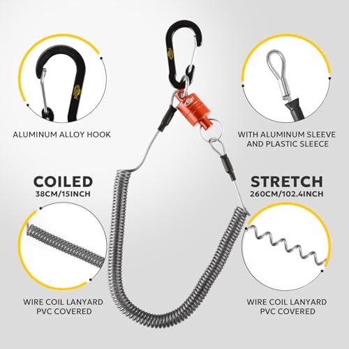 SF Strongest Magnetic Net Release Magnetic Keychain Fly Fishing Net Retractor Magnet Clip Holder Retractor with Retractable Coiled Lanyard Carabiner - color: Red Magnet+ Black Aluminum Alloy Hook