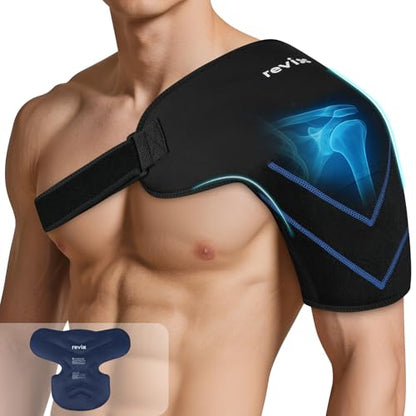 REVIX Large Shoulder Ice Pack Wrap, Ice Shoulder Brace for Rotator Cuff and Arm, Reusable Gel Cold Therapy Wrap for Discomfort Relief & Muscle Relaxation, Easy to Wear & Remove - size: Large, style: Black, 1 Gel Pack+1 Shoulder Brace