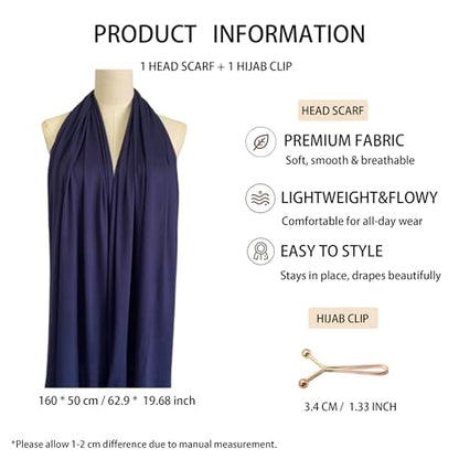 Jersey Hijab Scarf for Women,Lightweight Muslim Turban Head Scarf Modal Feel Hijab Coverings for Prayer with Clip - color: Navy