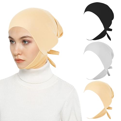 XEPST 3 PCS Hijab Undercap for Women, Islamic Muslim Full Cover Under Hijabcap Milk Silk Fabric Hijab Underscarf Solid Color Adjustable Tie Back Inner Head Scarf Turbans for Women Chemo Cap, C