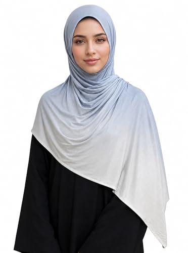 Premium Stretch Cotton Gradient Scarf for Women, Soft Jersey Wrap Shawl, Lightweight Ombre Hijab for Everyday Wear - color: Mctlo2537-lightblue