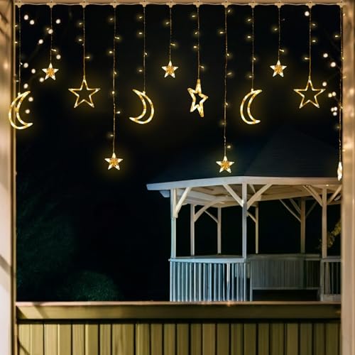 138 LED Star Moon String Lights, Warm White Fairy String Lights with 12 Hooks, Twinkle Battery Operated Lights with Remote, 8 Modes for Bedroom, Ramadan Decoration