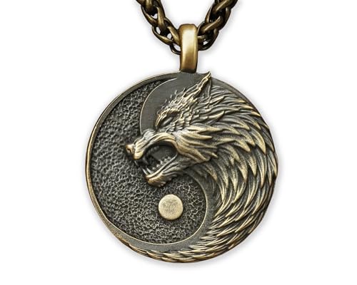 Baldur Jewelry Viking Wolf Yin Yang Necklace, Brass Norse Pendant - color: Brass Wolf Yin Yang