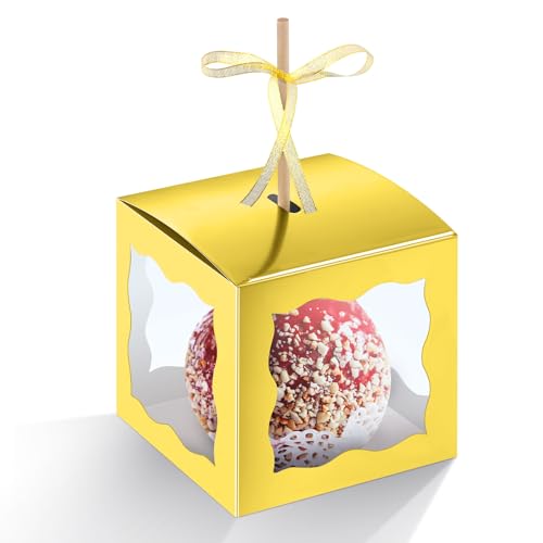 Dandat 50 Pieces 4 x 4 Inch Candy Apple Box with Hole and Stick Paper Caramel Apple Boxes Cookies Chocolate Gift Treat Boxes with Clear Windows Caramel Containers for Wedding(Gold) - color: Gold