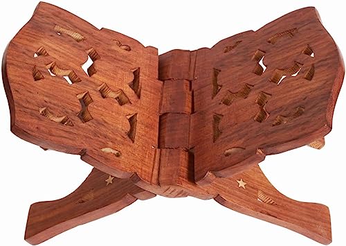 Wooden Book Holder Stand for Reading, Foldable Bible Stand, Quran Holder, Geeta Reading Rest, Hand Carved Religious Prayer Book Stand, Portable Wooden Book Display (10 x 4.5 Inches) - style: Bood Stand 1