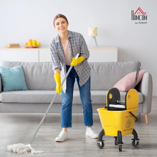 HOMCOM Mop Bucket with Wringer on Wheels, 27.5 Quart, with Mop, Yellow | Down Press Wringer, Handle and Mop, Floor Cleaning - color: Yellow, size: 27.5 Quart