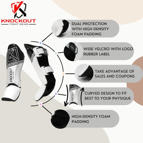 Muay Thai Shin Guards MMA Martial Arts -Padded, Adjustable Leg Guards with Instep Protection for Training and Sparring Gear Kickboxing Equipment – Durable, Professional - color: Black/White, size: Small-Medium