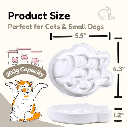 Ceramic Cat Slow Feeder Bowl - Shallow Whisker Friendly Cat Plate for Dry and Wet Food - Puzzle Feeder for Slow Eating - Helps Reduce Vomiting - Microwave & Dishwasher Safe -Non Slip(White,6.3''W) - color: White