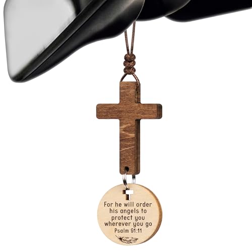 Car Accessories Christian Gifts for Women Men, Cross for Car Religious Gift | Rosary Mirror Hanging Accessories, Jesus College Care Gift, Boo Basket Stuffers For Women - Scan For Daily Bible Verse - color: Psalm 91:11