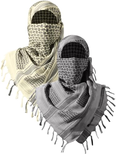 FREE SOLDIER Scarf Military Shemagh Tactical Desert Keffiyeh Head Neck Scarf Arab Wrap with Tassel for Men Women - color: Tan and Gray
