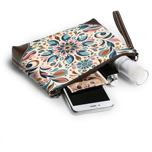 Leather Clutch Purse for Women, Large Capacity Wristlet Wallet with Removable Strap, Zip Handbag - color: Scandinavian Folk Art