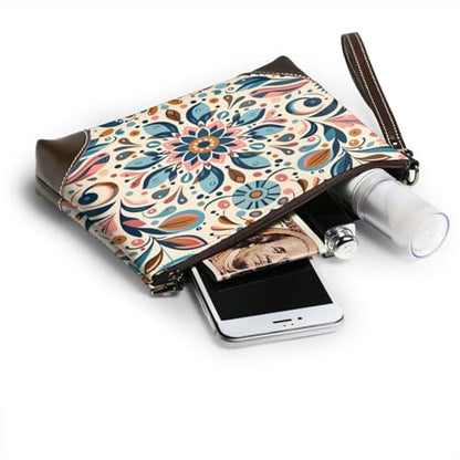 Leather Clutch Purse for Women, Large Capacity Wristlet Wallet with Removable Strap, Zip Handbag - color: Scandinavian Folk Art