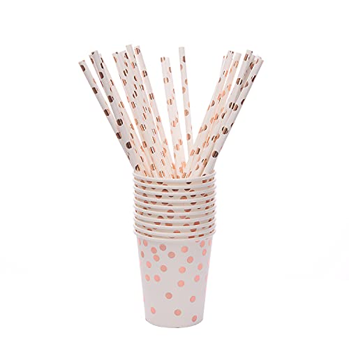 YAOSHENG 201 Pieces Rose Gold Party Supplies - Rose Gold Dot on White Paper Plates and Napkins Cups Silverware Serves 25 Sets for Wedding Bridal Shower Engagement Birthday Parties.(Rose gold dot) - color: Rose gold dot