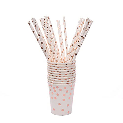YAOSHENG 201 Pieces Rose Gold Party Supplies - Rose Gold Dot on White Paper Plates and Napkins Cups Silverware Serves 25 Sets for Wedding Bridal Shower Engagement Birthday Parties.(Rose gold dot) - color: Rose gold dot