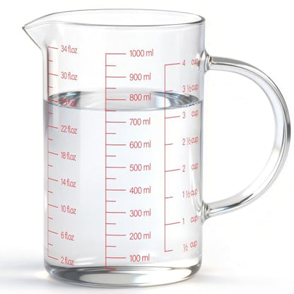 Luvan 34OZ/1000ML Glass Measuring Cup, 4 Cup Glass Measuring Cups With 3 Scales (Ml/Oz/Cup), High Borosilicate Measuring Cup With Handle and V-Shaped Spout, Dishwasher/Freezer/Microwave Safe - color: 34Oz/4Cups/1L