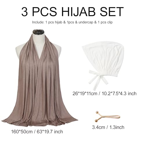 Hijab Scarf for Women, 3PCS Set with Undercap and Hijab Clip Lightweight Modal Muslim Head Wrap Scarf for Daily - color: Sy14-khika Hijab+white Undercap