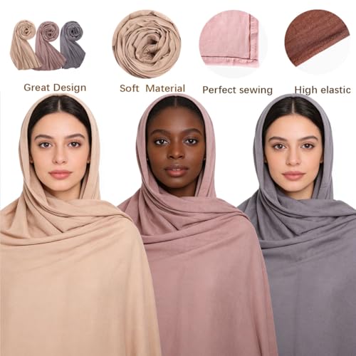 Febfim 3PCS Muslim Women Soft Modal Cotton Premium Jersey Hijab Scarf Wrap Turban - color: Color F