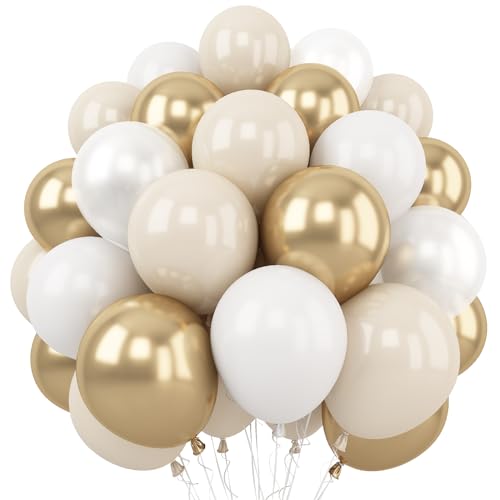 White and Gold Balloons, 12 Inch White Sand Gold Metallic Latex Balloons, Beige Gold Party Balloons for Boho Birthday Baby Shower Engagement Wedding Anniversary Party Decorations - color: Sand White Gold