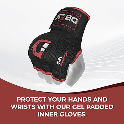 DEFY Padded Inner Gloves Quick 75cm Long Strap – Inner Boxing Gloves Gel Padded Knuckle Protection – Elasticated Boxing Hand Wraps for MMA Muay Thai Kickboxing Martial Arts Pair - color: Black, size: Small