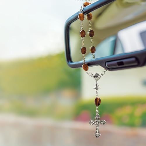 Car Rosary From The Holy Land of Bethlehem - 7" First Communion With Crucifix & Chalice Dangle, Olive Wood Catholic Pocket With Wooden Beads & Lobster Clasp - color: First Communion