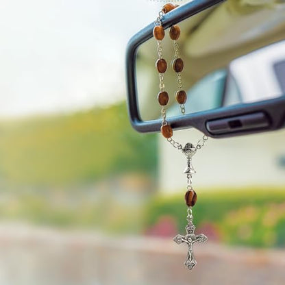 Car Rosary From The Holy Land of Bethlehem - 7" First Communion With Crucifix & Chalice Dangle, Olive Wood Catholic Pocket With Wooden Beads & Lobster Clasp - color: First Communion