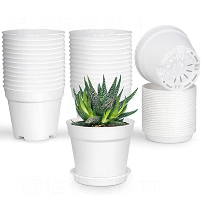 SwinDuck 28 Pack 4 inch Small Plant Pots, Plastic Planters with Drainage Holes and Saucers for Flowers Plants, Succulents, Seed Starting Pots, White - color: White