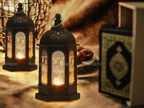 2 Pieses Ramadan Lights Decorations for Home,Eid Mubarak Lantern,Ramadan Decorations Lamp for Eid Home Table Party,Black