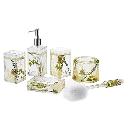 5 Piece Acrylic Liquid 4D Floating Motion Bathroom Vanity Accessory Set Garden Botanic Green Plants Toothbrush Holder, Tumbler, Soap Dispenser, Soap Dish, Toiletbrush Holder Set - size: 5-piece, style: Green Plants