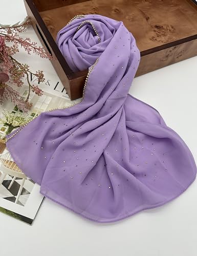 Hijab for Women Premium Chiffon Hijab Rhinestone Hijab Scraf for Women Muslim - color: Light Lavender