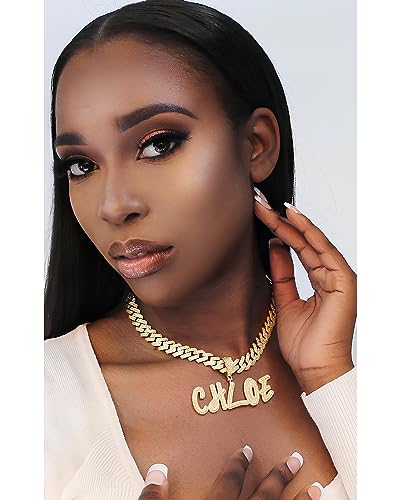 Lulu Mel Iced Out Personalized Cursive Name Necklace For Trendy Women, Custom Handmade Nameplate Pendant With Cuban Link Chain, White Gold Plated Hip Hop CZ Diamond Jewelry Gifts - color: Gold